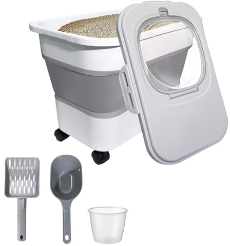 Aufbewahrungsbehälter für Hundefutter, zusammenklappbar, mit Rollen, hält bis zu 8 kg trockenes Katzenfutter frisch, Küche, Müsli, Mehl, Reis, auslaufsicher, Trockenhalter (grau)