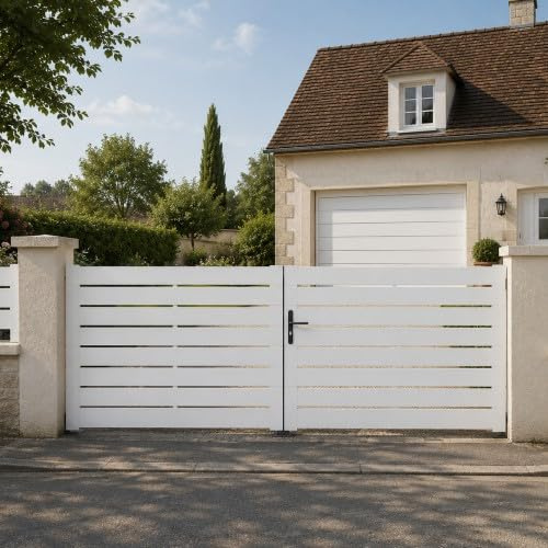 Gefradis Portail battant Manuel PVC Blanc Structure renforcée Largeur 350 cm x Hauteur 140 cm ajouré Lyon