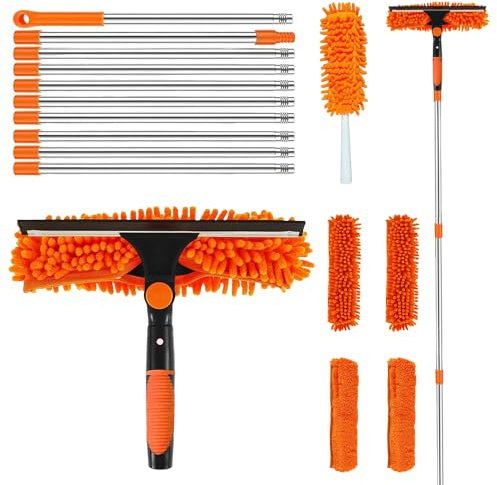 Window Cleaning Brush, Afenau 4.25m Long Reach Window Cleaning Equipment with 4 Pads, Extendable Window Cleaning Pole, Window Cleaning Kit for Indoor Outdoor, Windows, Car Glass (Orange)