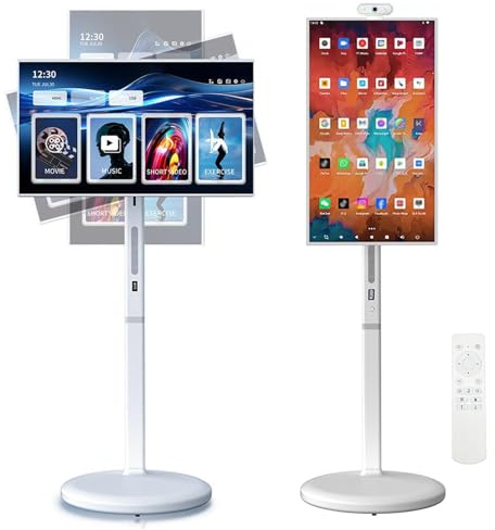 Smart Touch Screen Mobile Smart TV portatile, 32 pollici 1080p, 8G RAM, 128G di archiviazione, telecomando, batteria 10500mAh, sistema operativo Android controllo vocale, rotolamento su ruote