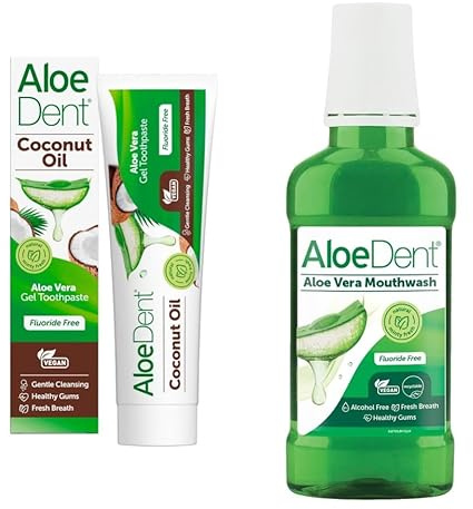 Aloe Dent - Pâte à dents et mouthwash à l'huile de noix de coco - Sans fluorure - Nettoyage doux - Prise en charge des gommes et des rafraîchissements - Végétalien, Cruelty et SLS - 100 ml et 250 ml