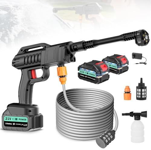 Viugreum Akku Hochdruckreiniger, 100Bar Hochdruckpistole Wasserpistole, Tragbarer Hochdruckreiniger Autowäsche mit 6-in-1-Multifunktions Düse, 2x 21V Batterien, 5m Schlauch für Auto, Terrasse, Fenster