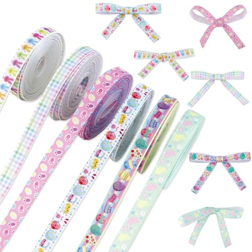 6 Rolls Easter Grosgrain Ribbons for Crafting Gift Wrapping Printed Eggs Bunny Rabbit Spring Ribbons 3/8 Inch 30 Yards Pink Pastel for Crafting Home Decor Gift Basket Easter Crafts Hair Bouquet