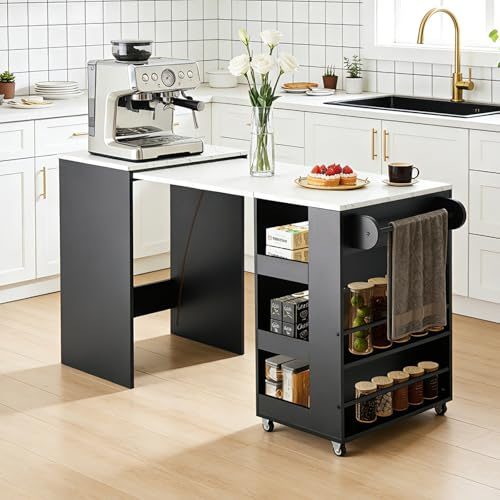 EROMMY 52 Extendable Kitchen Island with Faux Marble Top, Rolling Kitchen Cart with Pull-Out Dining Table, Spice Rack, Towel Bar, Mobile Breakfast Bar Station with Storage for Small Space (Black)
