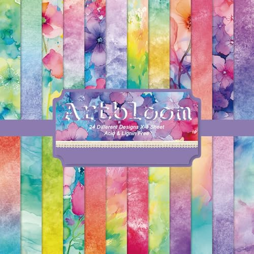 PLUSHCEWT 24 Blatt Scrapbook Papier Set,15,2x15,2cm Natürlich-elegantes Designpapier für Scrapbooking und Origami,Bastelpapier mit Naturinspiration,Decoupage Papier(Aquarellblumen, 15,2x15,2cm)