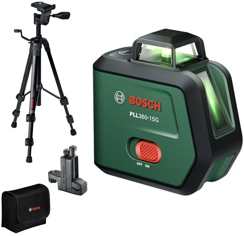 Bosch Linienlaser PLL360-15G, im Karton | horiz. und vert. grüne 360°-Laserlinien, IP54, 3,6V-Li-Ionen-Akku, Laden über USB-C®, Tasche, Handbuch, TT 120, MM 3
