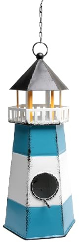 Maritimes Vogelhaus im Leuchtturm-Design, Metall, Blau/Weiß/Schwarz, 34 cm, mit Metallkette zum Aufhängen