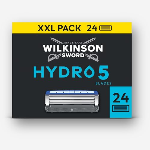 Wilkinson Sword Hydro 5 mäns rakhyvlar blad, mäns rakhyvel ersättningsbladpack, hudhydrering, kolbelagda blad, XXL-pack, 24 reservblad