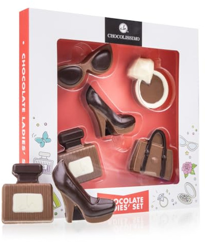 CHOCOLISSIMO - Schokolade Geschenk Frauen - Mode Set aus Schokolade - Geschenkidee zum Geburtstag, Valentinstag, Muttertag, für Mama, Schwester, Mädchen, Freundin - Schokoladenfiguren, Tortendeko