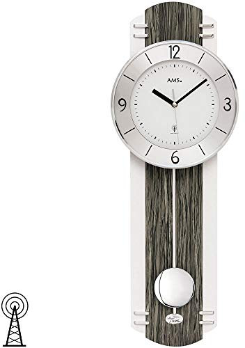 AMS 5294 Wanduhr Funk Funkwanduhr mit Pendel Schwarz Graue Holz Optik Pendeluhr