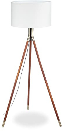 Relaxdays Lámpara de pie, Trípode de madera, Acabado en latón, Blanco y Marrón, 48 cm Ø, 150 cm