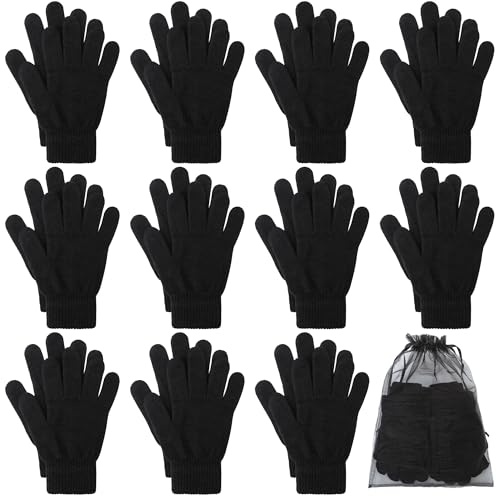 Cooraby 12 Pairs Winter Magic Gloves Stretchy Warm Knit Gloves with Mesh Storage Bag for Men or Women (Black, Length 8.3 inches)