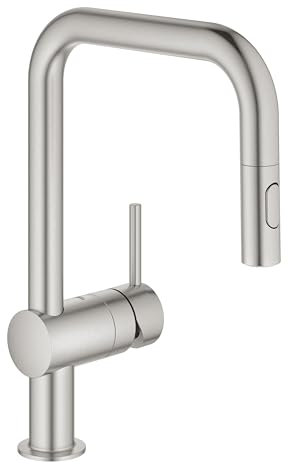GROHE Minta, Küchenarmatur 2 Strahlarten (Wasserhahn Küche mit ausziehbarer Brause, 360° schwenkbar, wassersparend dank variabler Mengenbegrenzung, einfache Spülbecken-Montage), edelstahl, 32322DC2