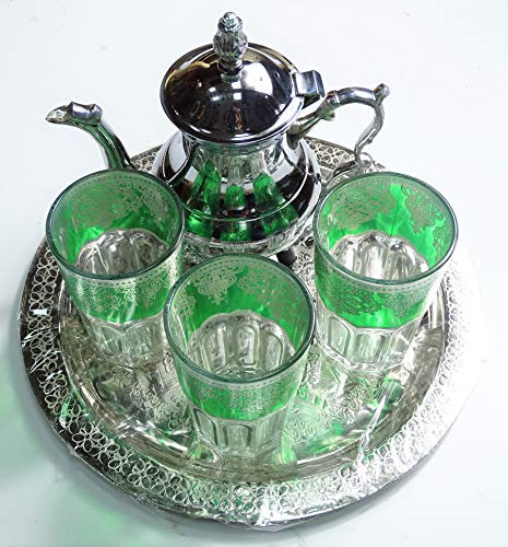 Juegos DE TÉ MARROQUIES KENTA ARTESANIAS : Bandeja 25 CM + 3 Vasos + Tetera para 3 Artesanal (Verde)