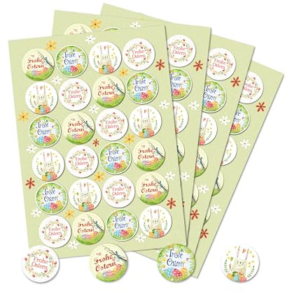 Aufkleber Set Ostern: 96 Runde Ostersticker, Hochwertiger Druck, Bunt mit Osterhasen & Frohe Ostern Schriftzug, Osteraufkleber für Geschenke, Tüten & Karten, Selbstklebend, Made in Germany, ⌀ 4 cm