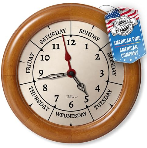 DayClocks Uhrzeit & Wochentag Wanduhr mit Massivholzrahmen - Wöchentliche Analoguhr mit Tagen, Stunden & Minuten - Leise Wanduhr - Ideales Ruhestandsgeschenk für Männer & Frauen, Kiefernholz, 25,4 cm