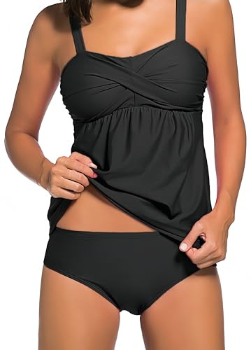 Ocean Plus dam elegant figursydd tankini med trosa magen väg bygellös enfärgad tvådelad badmode med justerbara remmar, svart, 3XL
