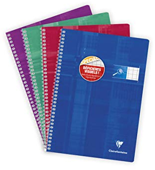 Clairefontaine 68196C – spiralbunden häftning, 50 ark, DIN A4, 21 x 29,7 cm, 90 g, fransk linjering med svarta linjer, 2,5 mm, 10/10, för synskada, sorterade färger, 1 styck