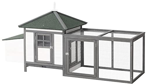 PawHut Hühnerstall für Zwerghühner 196 x 76 x 97 cm witterungsbeständig Hühnerhaus mit Nistkasten, Freilaufgehege Sitzstange, Kleintierstall aus Holz für 1-2 Hühner, Grau