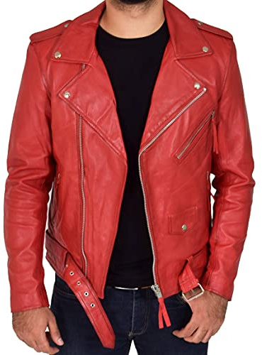 Herr äkta mjuk läder bikerjacka med bälte ASST färger svart cognac Red Bob, Röd, XL
