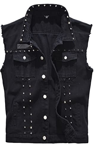 Saukiee Men's Casual Lapel Denim Vest Jacket Vintage Slim Fit Sleeveless Ripped Jeans Vests, Rivets Black, Large