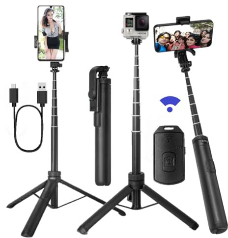 Trípode portátil de 66 pulgadas para iPhone y cámara, con control remoto recargable y soporte giratorio para teléfono, palo selfie para iPhone/GoPro y cámaras (negro, 66 pulgadas)