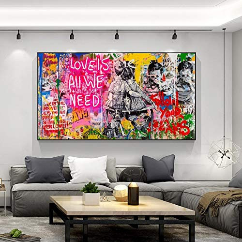 Zhaoyang Art Liebe ist alles, was wir brauchen Leinwand Gemälde Banksy Street Kunstdrucke Wandkunst Schwarz gerahmte Bilder für Wohnzimmerdekoration 80x160cm/32x63in Schwarzer Rahmen