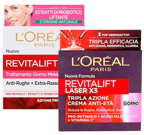 L'Oréal Paris Revitalift Fragrance Free Crema Viso Antirughe con Probiotico e Pro-Retinolo Effetto Lifting 50ml + Crema Giorno Laser Anti-Età Rassodante Acido Ialuronico e Vitamina C 50ml - 2 Creme
