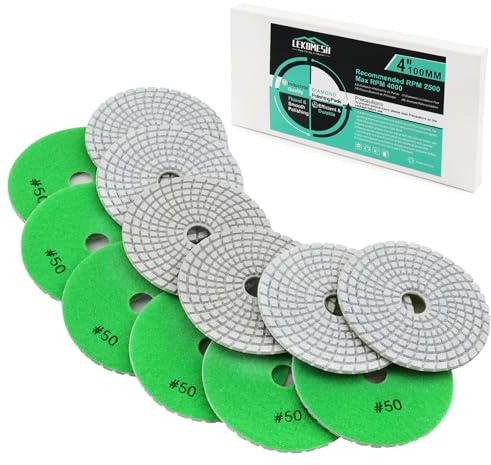 Dischi Lucidatura Diamantati LEKOMESH - 6 pezzi 100MM Set di Tamponi per Lucidatura a Umido per Granito Marmo Pietra Artificiale Quarzo, #50-#3000 Tampone di Lucidatura