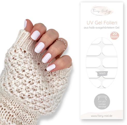 Fairy Nail UV Nagelfolien – Halb ausgehärtete Gelfolien für natürliche Gel Nails zuhause – Selbstklebende Nail Wraps mit UV Finish (20 Stück) (Weiß)