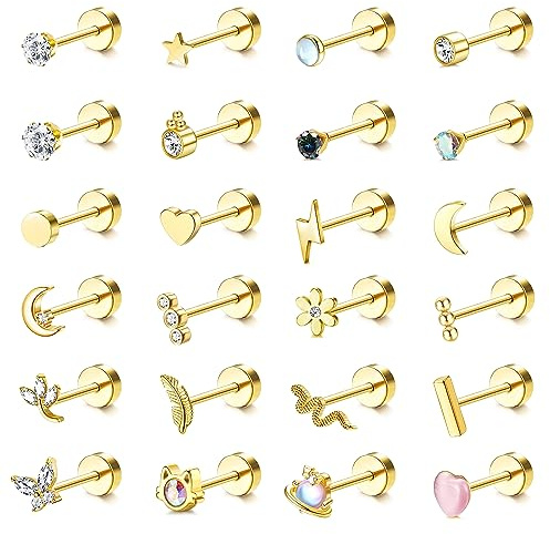 Adramata 24er Set Ohrringe Stecker für Damen - Helix, Tragus & Knorpel Piercings - Schmetterling & Blume Design - Edelstahl & Gold/Silber Ohrstecker