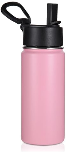 Volhoply Kids Insulated Water Bottle with Straw,480ml Stainless Steel Cold Water Bottles for School,BPA-Free Metal Wide Mouth Cups with Handle Lid,Reusable Double Wall Vacuum Sports Flask(Pink,1)