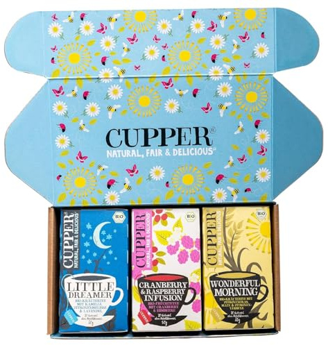 Cupper Bio Tee Set Day to Night, Tee Geschenkset, Früchtetee, Kräutertee, drei verschiedene Sorten, 60 ungebleichte, plastikfreie Teebeutel, 3er Pack | Tees für Tag & Nacht | Früchte- & Kräutertee | plastikfrei | fair gehandelt