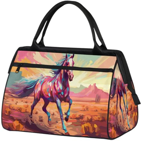 Colorful Running Horse Gym Bag for Women Men, Travel Sports Duffel Bag with Trolley Sleeve, Waterproof Sports Gym Bag Weekender Overnight Bag Carry On Tote Bag for Travel Gym Sport
