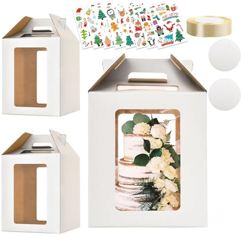 Wuciray 2pcs Boîte de Transport pour Layer Cake en Carton Présentoir Boite Gateau Transparente Boite Layer Cake Haute Boite Transport Gateau Carton 25x25 Avec Ruban et Autocollant