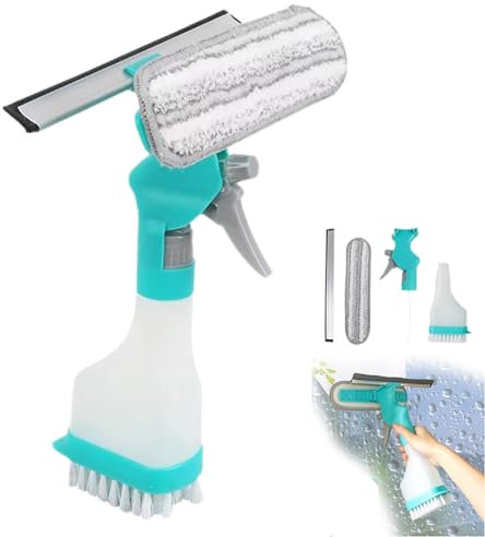 Window Cleaning Kit, 4 in 1 Window Cleaning Equipment, Window Cleaner Brush Tools Accessories, for Car, Kitchen, Bathroom Shower Doors with Spray Bottle, Squeegee, Scraper (blue)