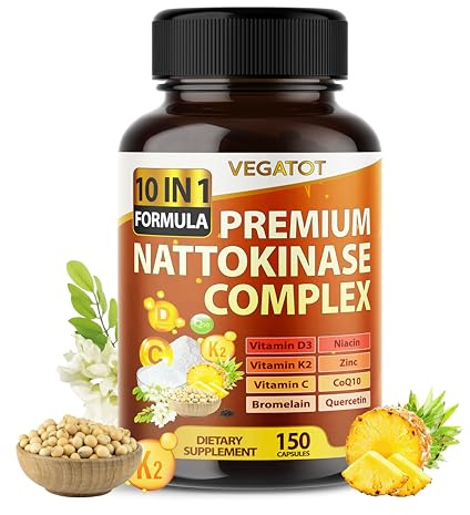 VEGATOT Organic Nattokinase Complex - 10IN1 Formula Vitamin D3, Niacin, Vitamin K2, Zinc, CoQ10, Quercetin (150 Count (Pack of 1))