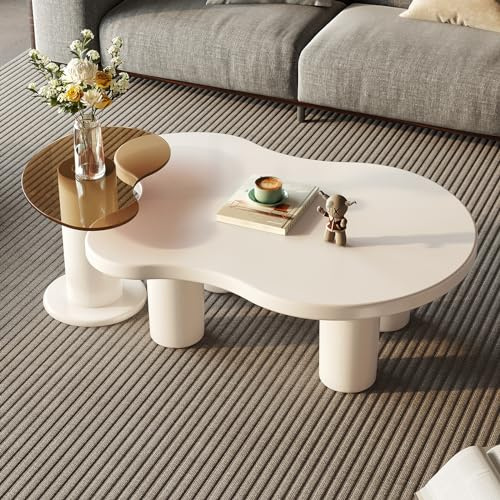 Modern Nesting Coffee Table Set of 2 Irregular Cloud Shape Cream White Center Table Space Saving eAccent Tables for Living Room Apartment Bedroom Office Minimalist Decor