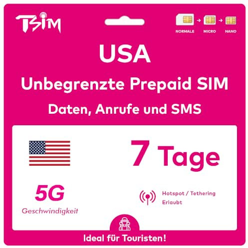 USA SIM Card for Travel to the USA. PrePaid. T-Mobile network with Unlimited Data, Calls and Texts. New Upgraded 5G SIM Card! (7 Day)