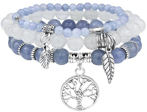JUZICHEN 3 stycken boho armband set kvinnor kvinnor, yoga armband 17–24 cm, natursten armband med livets trädhänge, sommar färgglada armband för kvinnor, 21 centimeter, Rostfritt stål, Rostfritt stål