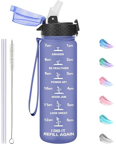 GOPPUS 500ml/17oz Kinder Trinkflasche mit Strohhalm Zeitmarkierungen Tritan Wasserflasche Kohlensäure Geeignet BPA-frei Auslaufsicher Sportflasche für Sport,Fahrrad,Uni,Outdoor Leicht, Nachhaltig