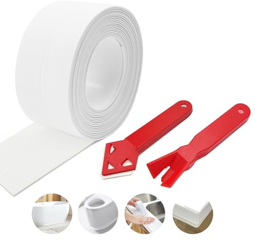SNAIL GARDEN 1 Rolle Bad Dichtungsband mit 2 Stück Abdichtungswerkzeug,verbessertes spurloses Dichtungsband, selbstklebendes wasserdichtes Dichtungsband für Bad,Badewanne,Küche,Toilette,Wand,Boden