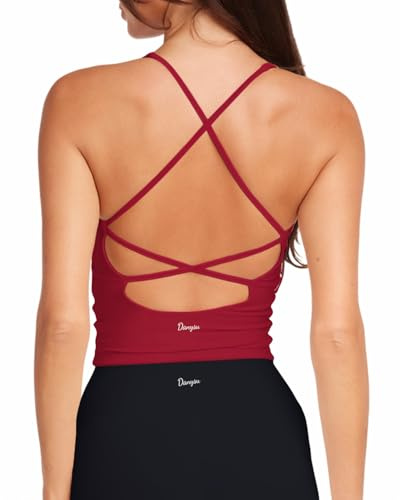Danysu Sculpt Workout Tank Tops Women Longline Sports Bras Workout Tops for Women Light Support Strappy Padded Yoga Top V Neck Ruby Red S