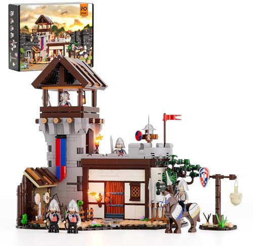 FUNWHOLE Mittelalterlicher Trainingsgelände Beleuchtung Bauklötze Set, 964 Pcs Mittelalter Burg Klemmbausteine Stadttor Castle Spielzeug für Erwachsene und Jugendliche