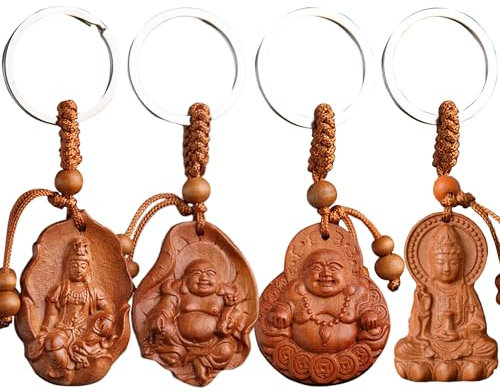 MINGZE 4 Piezas Buda de Madera Llavero, Pequeño Suerte Buda Figures Sculpture Meditación Accesorios para Llaves de Coche DIY Regalo de Amuleto de la Suerte-B