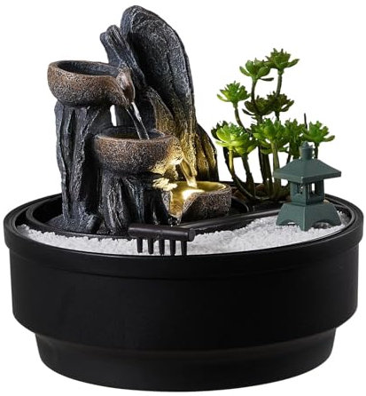 BTGGG Indoor Fountains with LED Light Rockery Indoor Water Features 21.5 * 21.5 * 20CM Desktop Indoor Waterfall for Meditation Relaxation, 3 Pin UK Plug Included