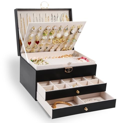Unimoly 3-Layer Jewelry Box for Women, Jewelry Organizers and Storage with Removable Jewelry Tray, Vintage Quilted Top Lockable Jewelry Holder Gift Idea Black