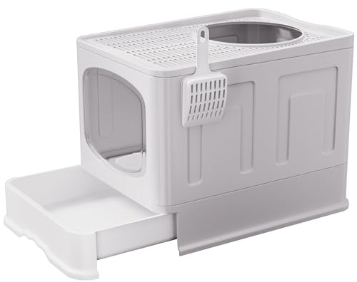 Vivo Technologies Large Cat Litter Box Litter Tray, Foldable Litter Box with Lid, Scoop, Flap Door, Slide-Out Tray for Easy Cleaning, Large Anti-Splashing Hooded Space Cat Litter Tray