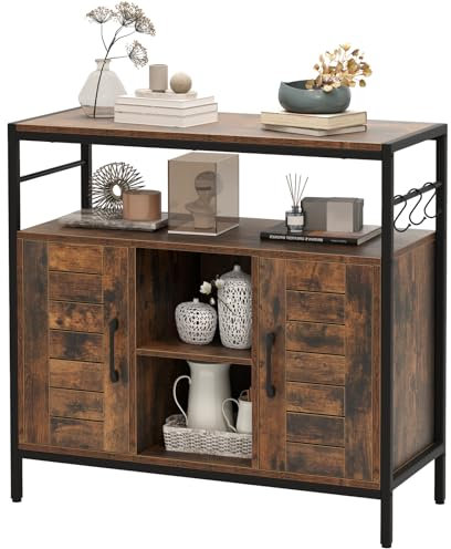 KOMFOTTEU Küchenbuffet Industriestil, Küchenschrank aus Holz & Metall, Aufbewahrungsschrank mit 2 Türen, offene Fäche & verstellbare Regale, Sideboard für Küche Flur Esszimmer