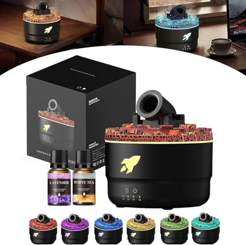 Aroma Diffuser Luftbefeuchter 280ML - Luftbefeuchter Vulkan mit Bunte LED-Lichter, Essential Oil Diffuser mit 2 Oil, Leiser Luftbefeuchter für Kinderzimmer Schlafzimmer Büro, Timer Auto Abschaltung